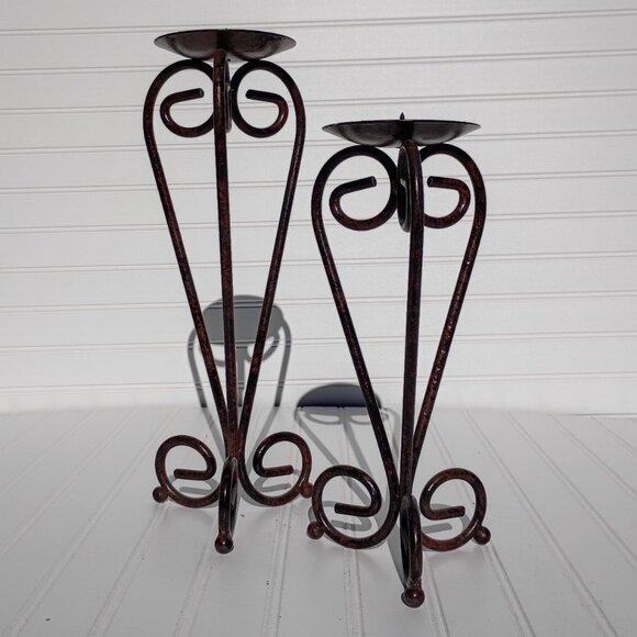 Pair of Wrought Iron Candle Holders Bronze Scroll French Country Candlesticks - Picture 10 of 16